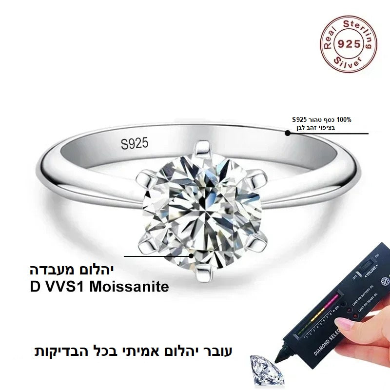 טבעת יהלום מואיסניט 925 כסף סטרלינג, טבעת סוליטר מעבדה, תכשיטי חתונה ואירוסין לנשים